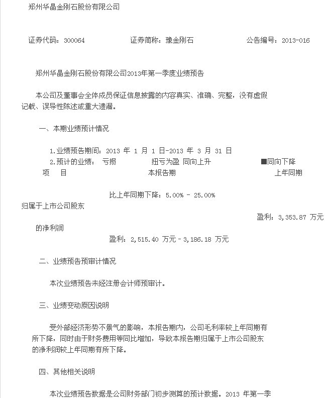 豫金剛石：2013年第一季度業(yè)績(jī)預(yù)告