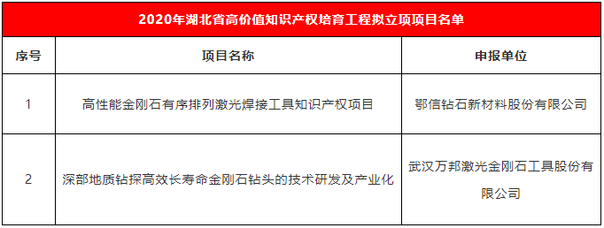 湖北兩超硬材料項(xiàng)目入圍高價(jià)值知識(shí)產(chǎn)權(quán)培育工程名單