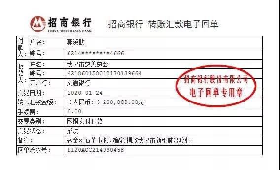 情系武漢 共抗疫情 豫金剛石董事長郭留希向武漢地區(qū)捐款20萬元抗擊新型肺炎疫情