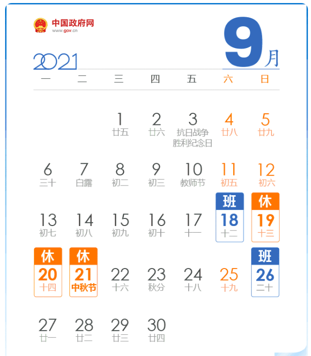 放假安排出爐！中秋3天，國慶7天，需調(diào)休