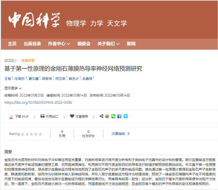 基于第一性原理的金剛石薄膜熱導(dǎo)率神經(jīng)網(wǎng)絡(luò)預(yù)測研究