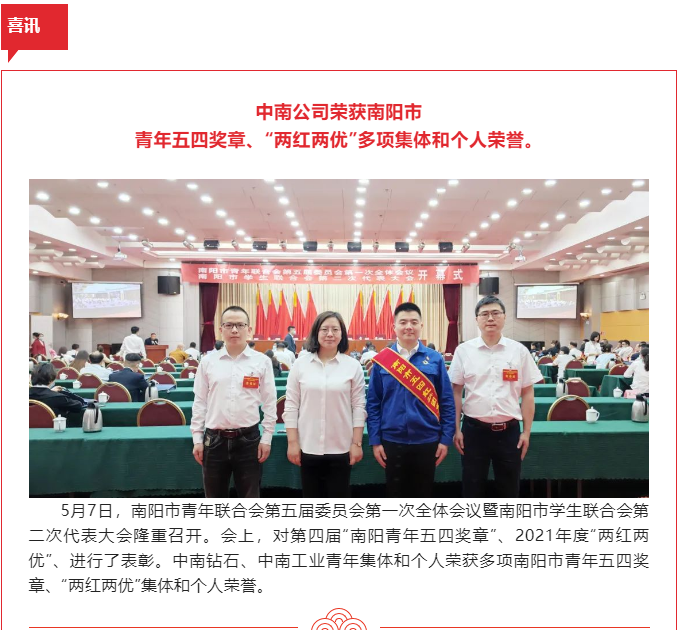 中南公司榮獲南陽市青年五四獎?wù)?、“兩紅兩優(yōu)”多項集體和個人榮譽