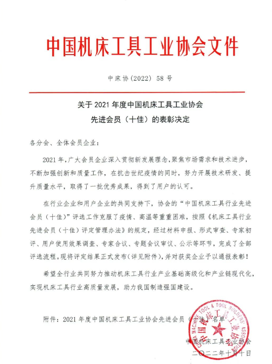 關(guān)于2021年度中國(guó)機(jī)床工具工業(yè)協(xié)會(huì)先進(jìn)會(huì)員（十佳）的表彰決定