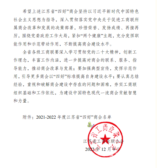 丹陽市超硬材料工具商會(huì)再次榮獲2021-2022年度江蘇省“四好”商會(huì)