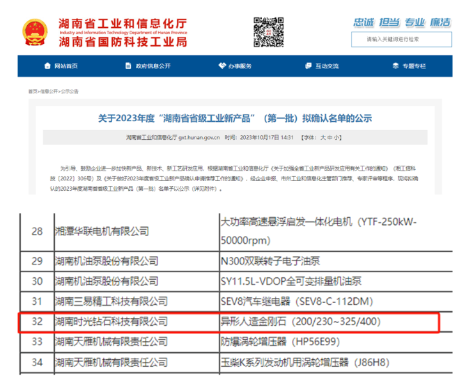 時光鉆石金剛石產(chǎn)品入圍2023年湖南省省級工業(yè)新產(chǎn)品