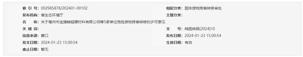 關(guān)于亳州市寶旗赫超硬材料有限公司等5家單位危險廢物跨省轉(zhuǎn)移的許可意見